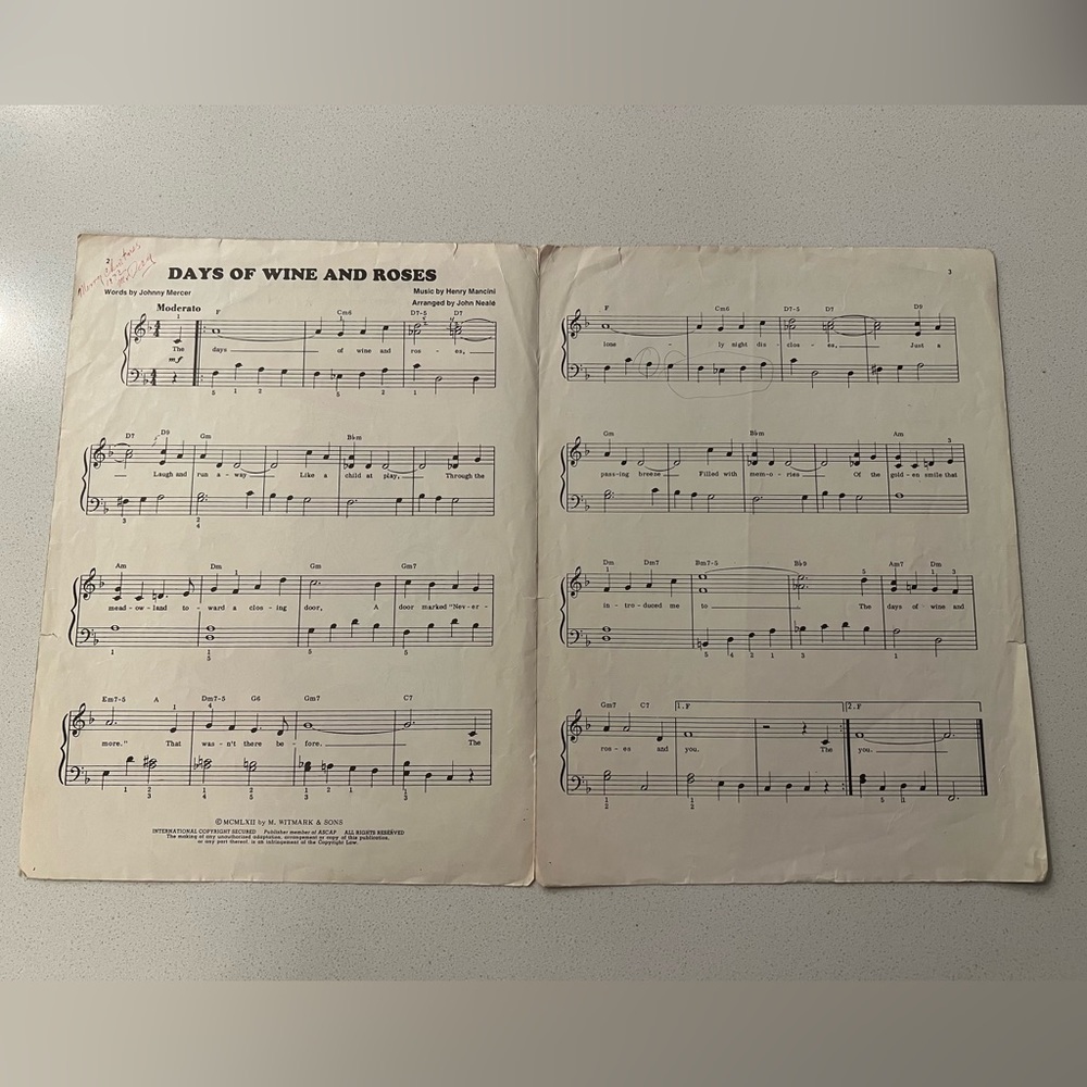 Vintage Sheet Music Days of Wine and Roses Henry Mancini Johnny Mercer 1962 - Picture 4 of 11